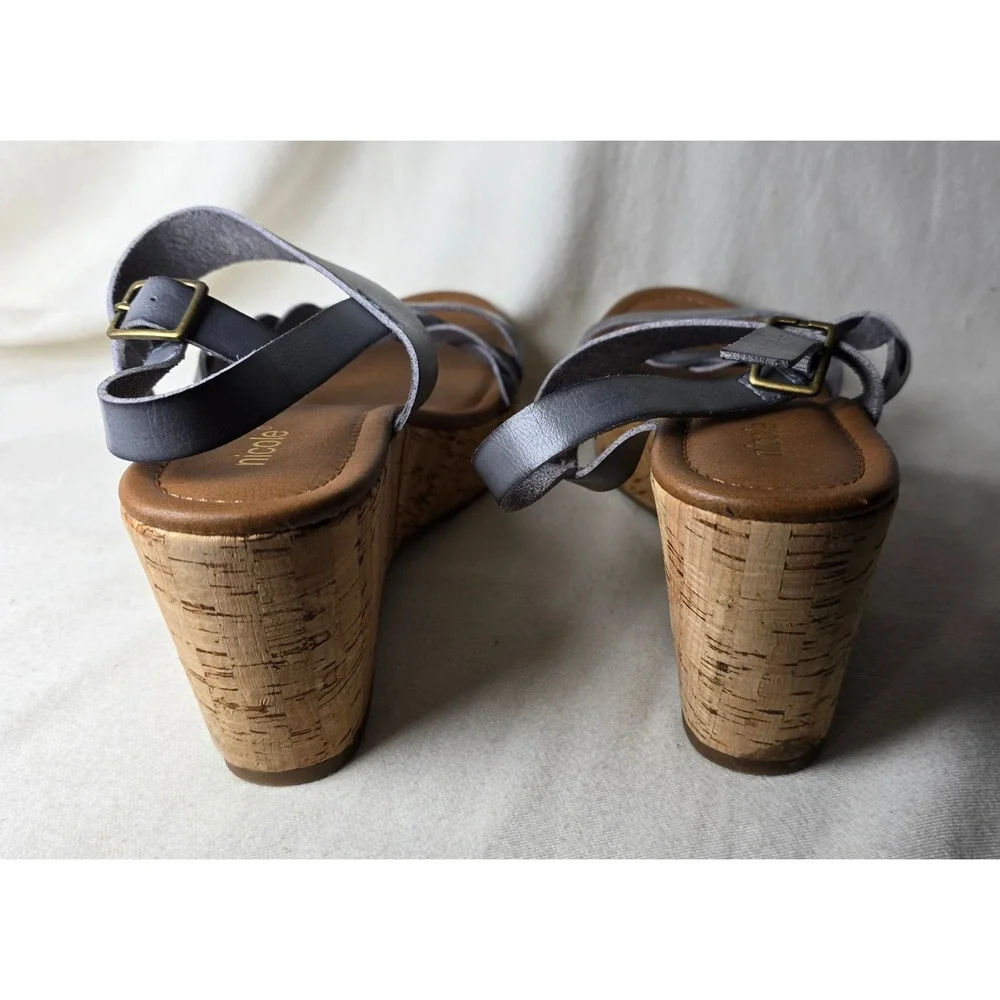 Nicole Debbie 9.5 Sandles Strappy Leather Blue Slate Wedge Platform‎ #2490